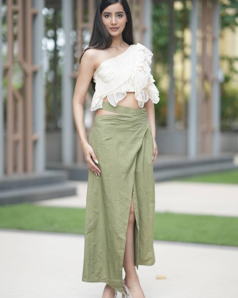 Yellow ruffled one shoulder top with bottole green cotton long skirt