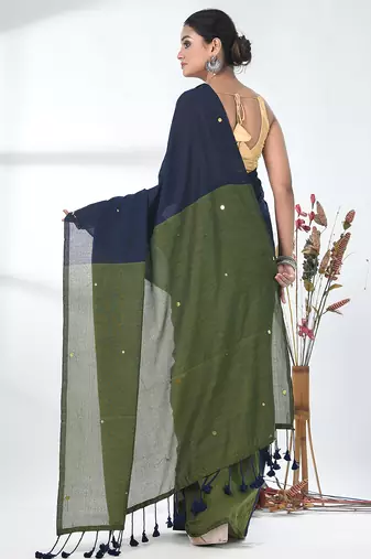 Navy blue sequin-detail plain saree with green pallu