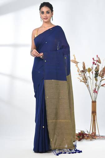 Blue sequin-detail plain saree with beige pallu