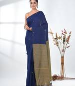 Blue sequin-detail plain saree with beige pallu