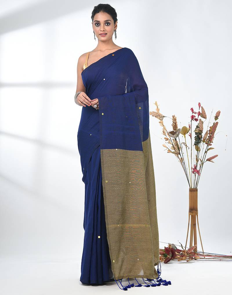 Blue sequin-detail plain saree with beige pallu