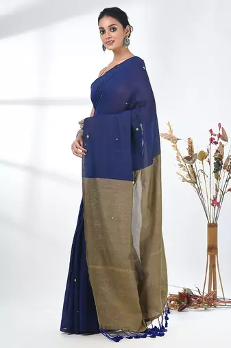 Blue sequin-detail plain saree with beige pallu