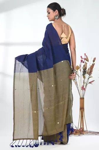 Blue sequin-detail plain saree with beige pallu