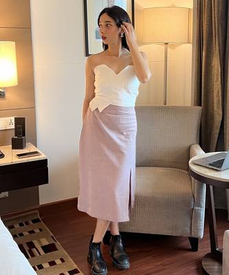 White tube top linen beige pencil skirt western wear 3