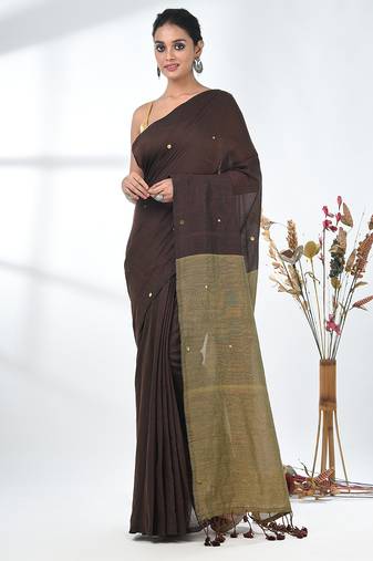 Brown sequin-detail plain saree with beige pallu