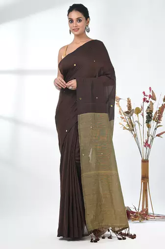 Brown sequin-detail plain saree with beige pallu