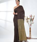 Brown sequin-detail plain saree with beige pallu