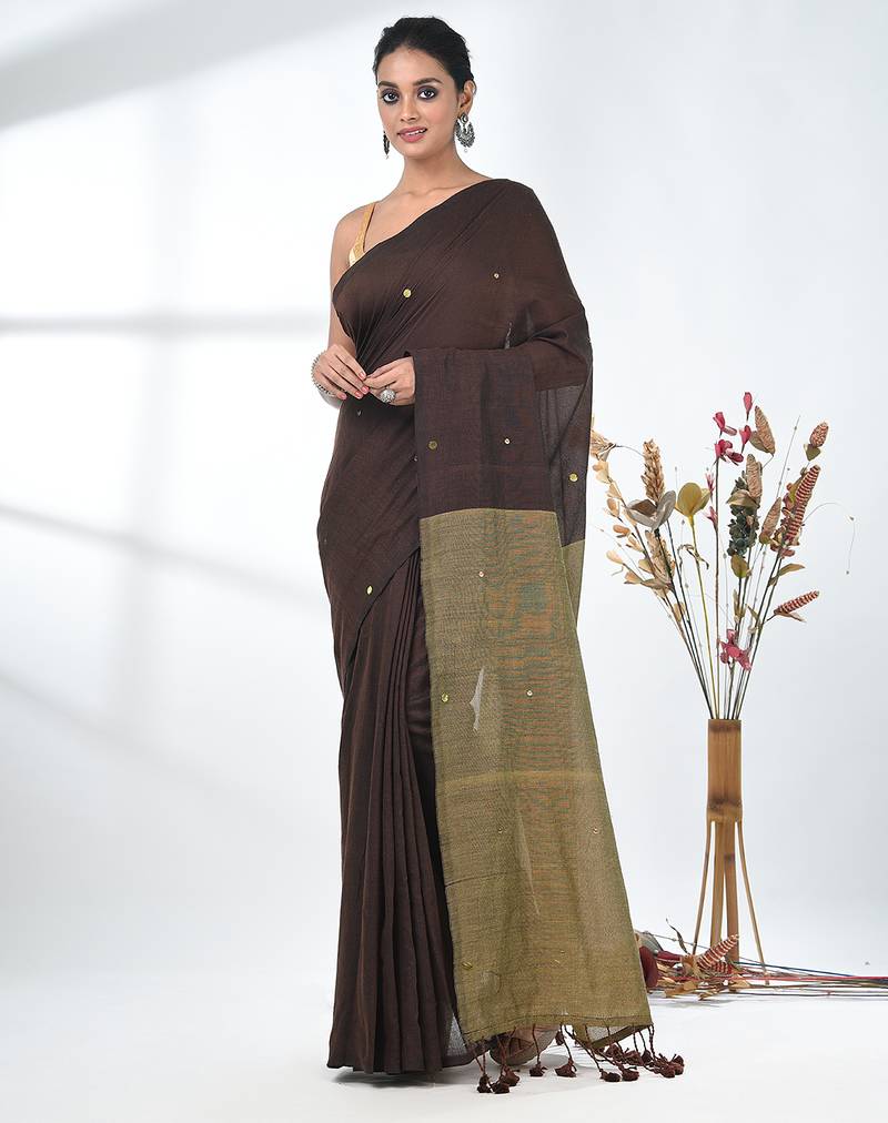 Brown sequin-detail plain saree with beige pallu