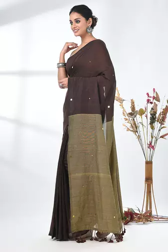 Brown sequin-detail plain saree with beige pallu