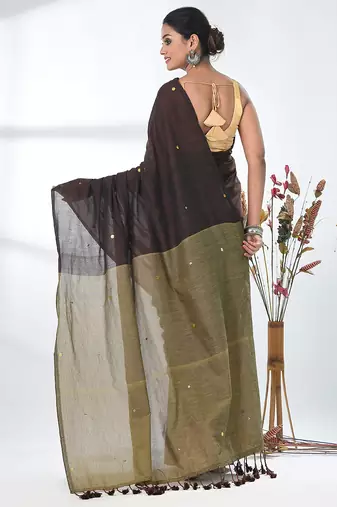 Brown sequin-detail plain saree with beige pallu
