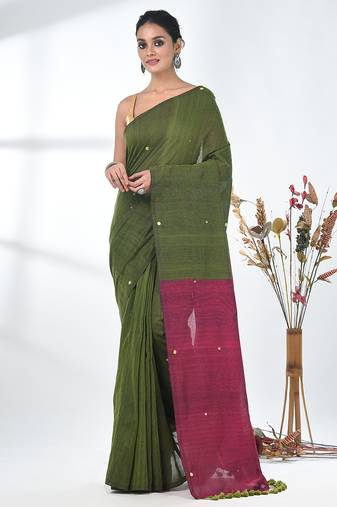 Green sequin-detail plain saree with magenta pallu