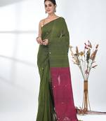 Green sequin-detail plain saree with magenta pallu