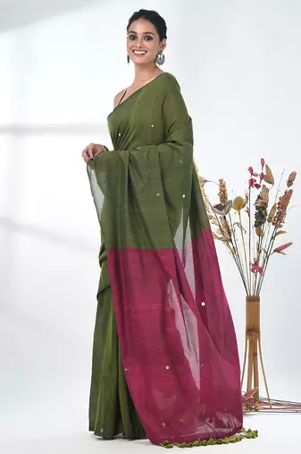 Green sequin-detail plain saree with magenta pallu