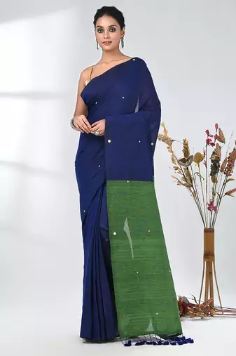 Blue sequin-detail plain saree with green pallu