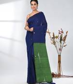 Blue sequin-detail plain saree with green pallu