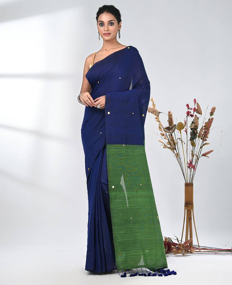 Blue sequin-detail plain saree with green pallu