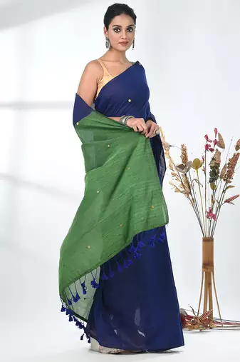 Blue sequin-detail plain saree with green pallu