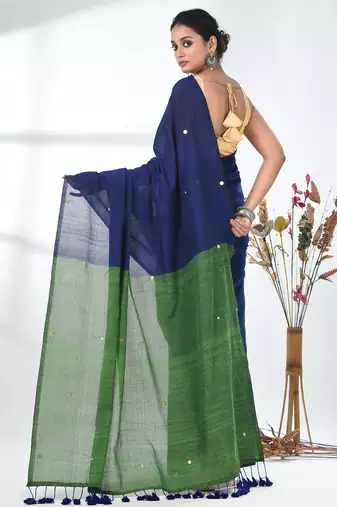 Blue sequin-detail plain saree with green pallu