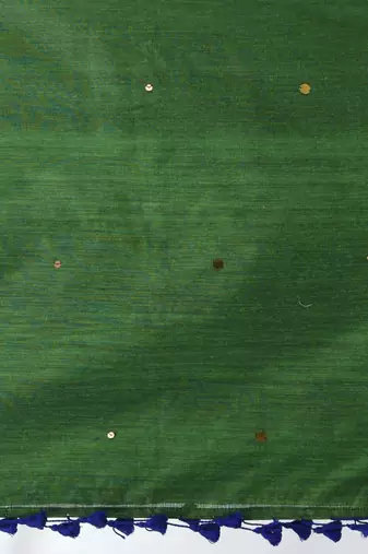 Blue sequin-detail plain saree with green pallu