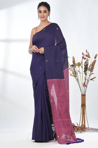 Purple sequin-detail plain saree with pink pallu