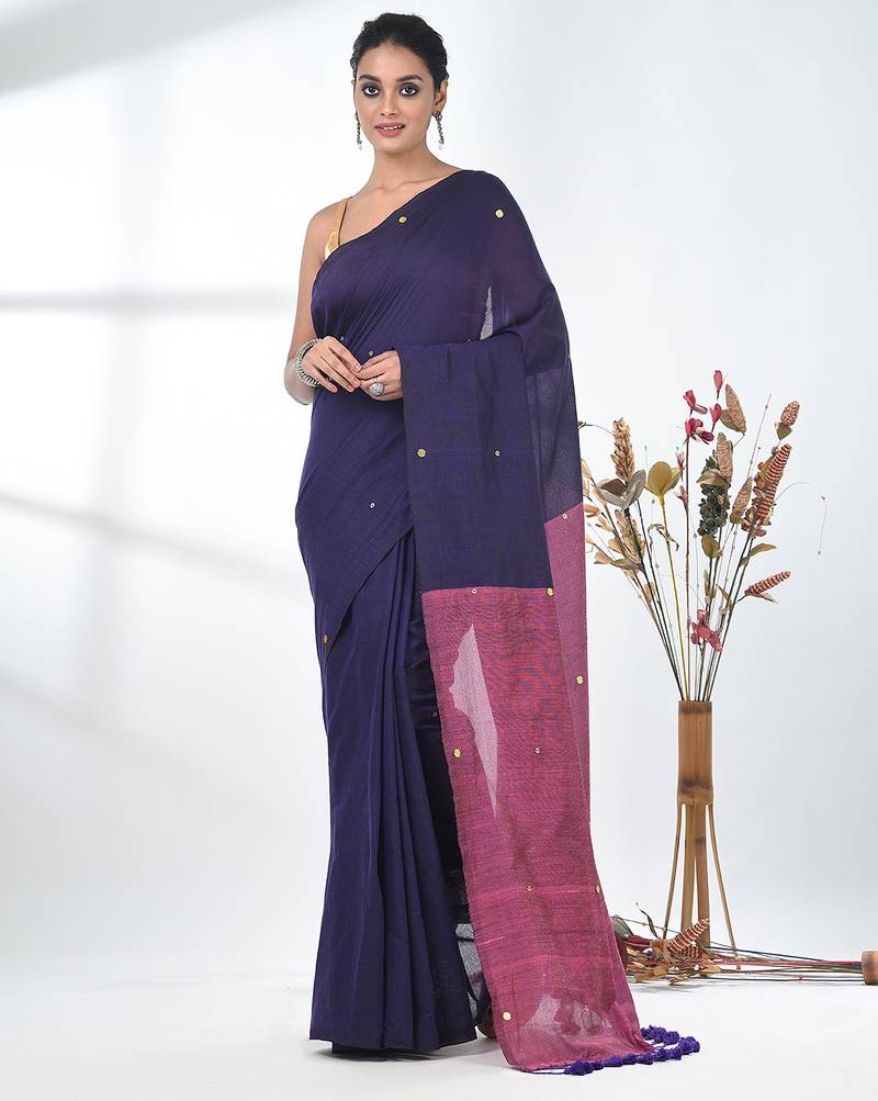 Purple sequin-detail plain saree with pink pallu