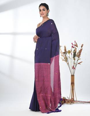 Purple sequin-detail plain saree with pink pallu 2