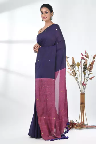 Purple sequin-detail plain saree with pink pallu