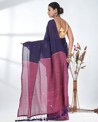 Purple sequin-detail plain saree with pink pallu 3