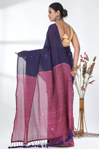 Purple sequin-detail plain saree with pink pallu