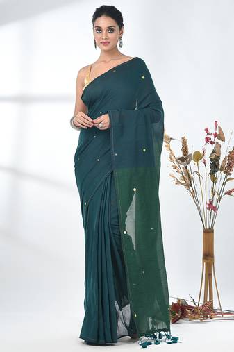 Teal sequin-detail plain saree with green pallu