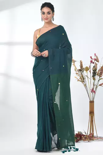 Teal sequin-detail plain saree with green pallu