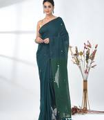 Teal sequin-detail plain saree with green pallu