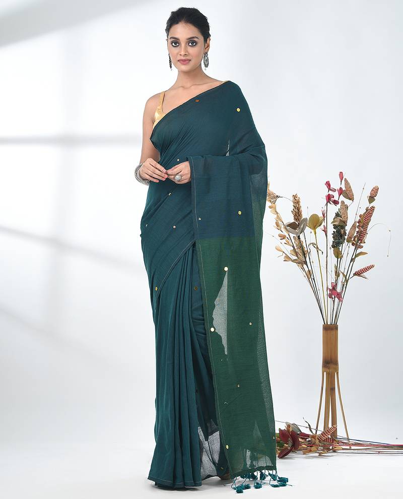 Teal sequin-detail plain saree with green pallu
