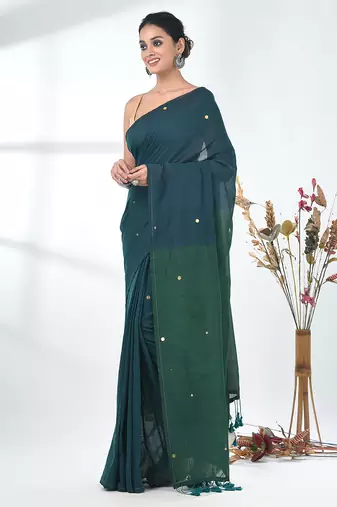 Teal sequin-detail plain saree with green pallu