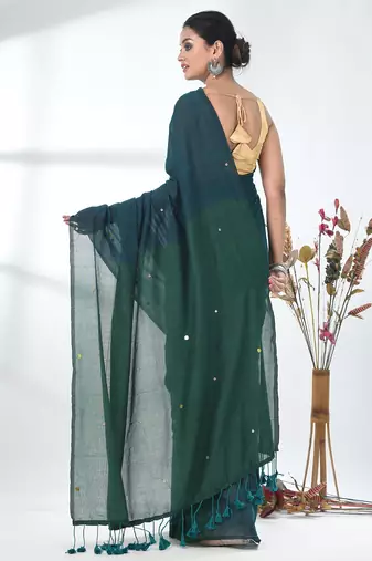 Teal sequin-detail plain saree with green pallu