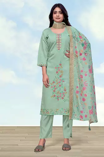Pastel green roman embroidered work kurta set