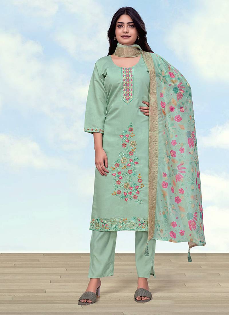 Pastel green roman embroidered work kurta set