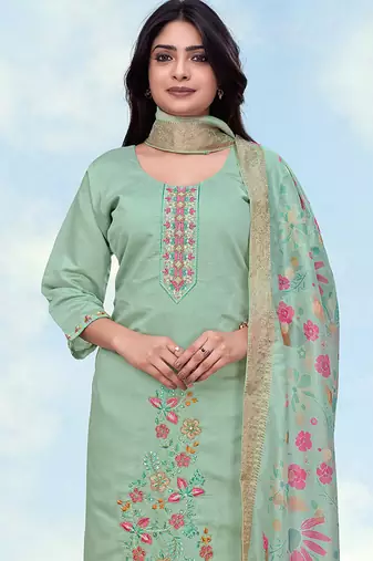 Pastel green roman embroidered work kurta set