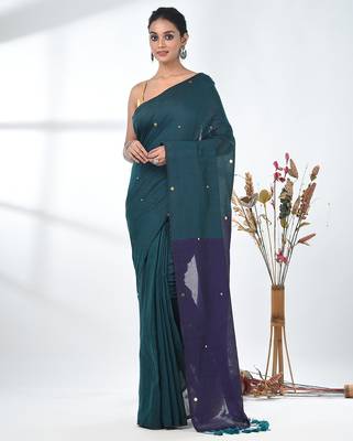 Teal sequin-detail plain saree with purple pallu 1