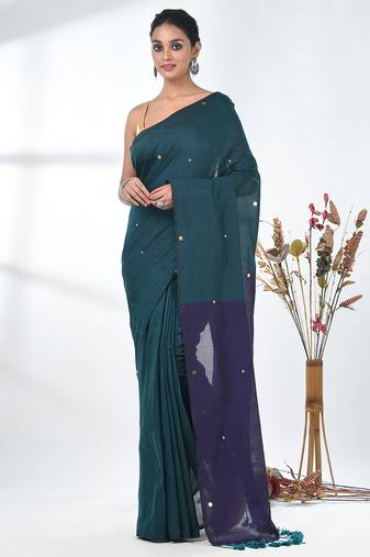 Teal sequin-detail plain saree with purple pallu