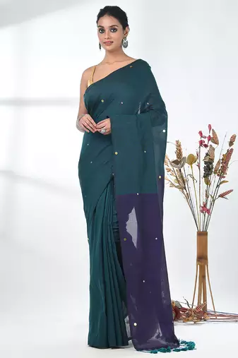 Teal sequin-detail plain saree with purple pallu