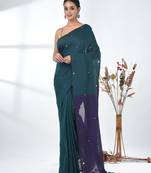 Teal sequin-detail plain saree with purple pallu