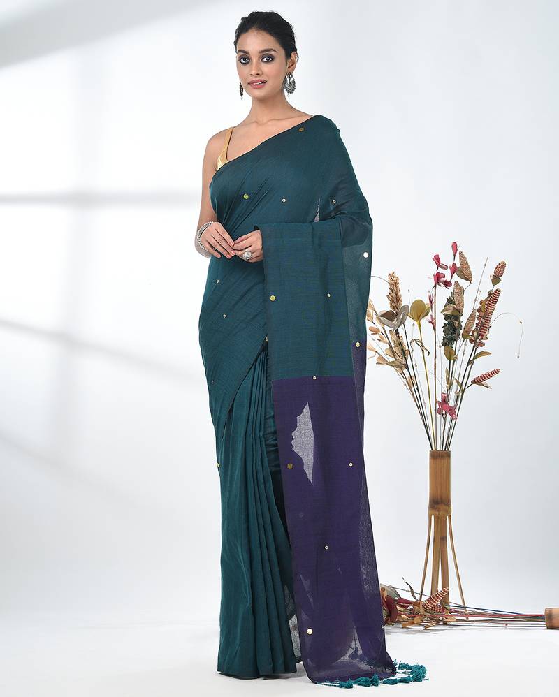 Teal sequin-detail plain saree with purple pallu