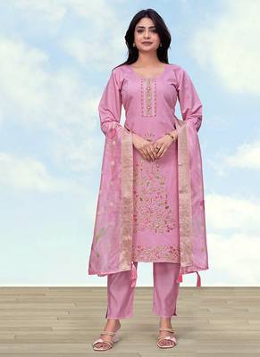 Light pink roman embroidered work kurta set 1