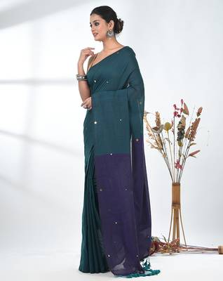Teal sequin-detail plain saree with purple pallu 2
