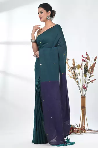 Teal sequin-detail plain saree with purple pallu