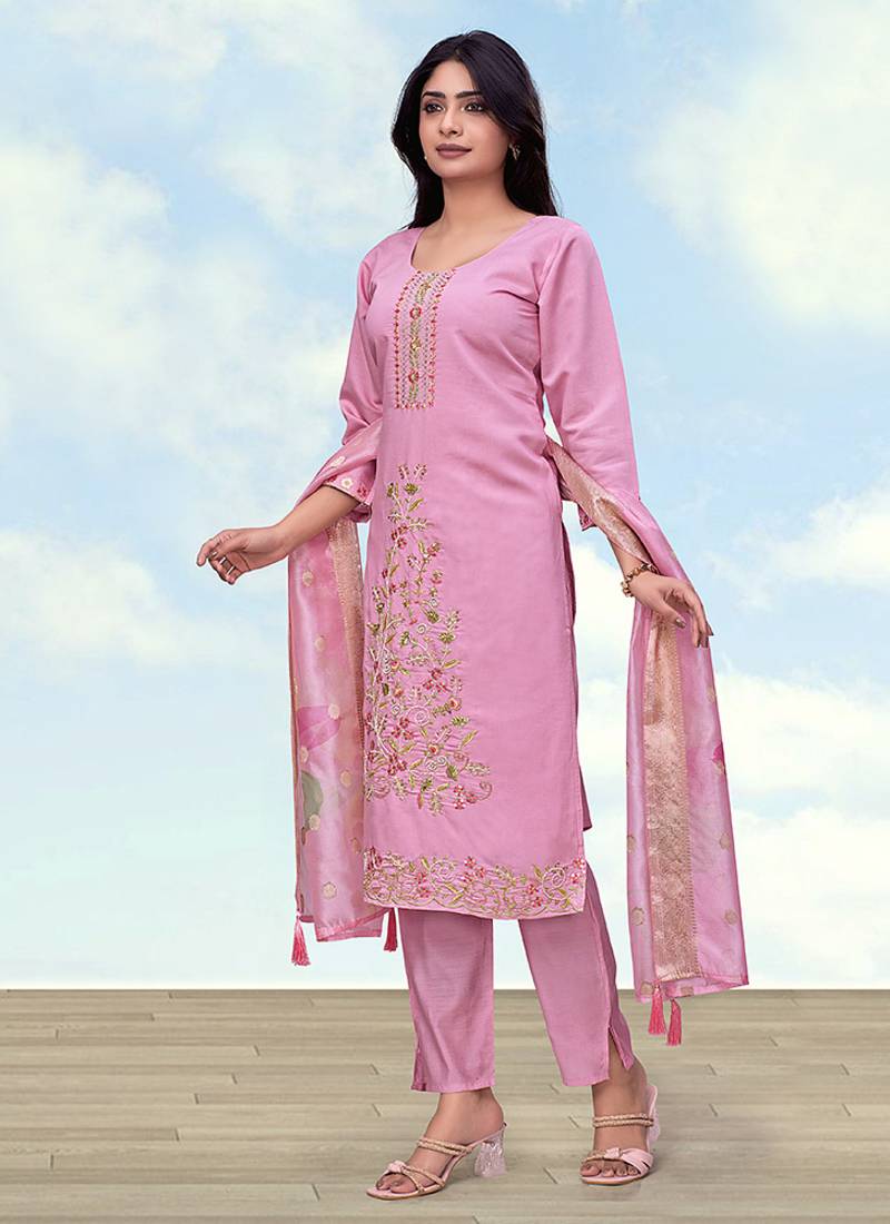 Light pink roman embroidered work kurta set