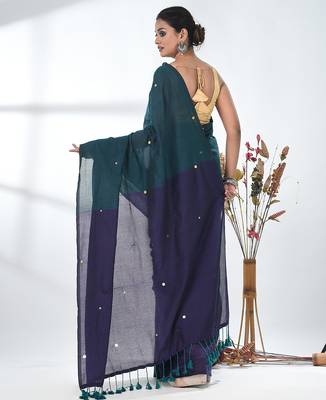 Teal sequin-detail plain saree with purple pallu 3