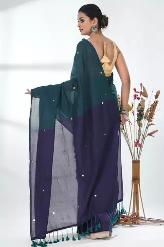 Teal sequin-detail plain saree with purple pallu