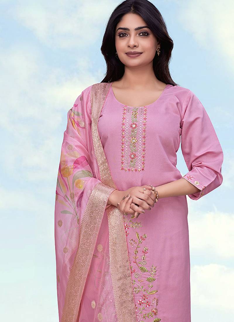 Light pink roman embroidered work kurta set
